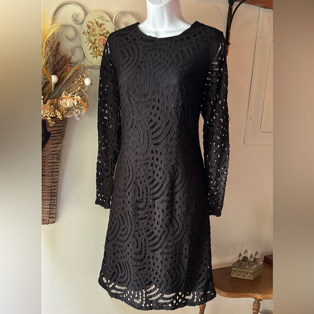 Boden Black Lace Long Sleeve Dress – Classic Cutout Detail